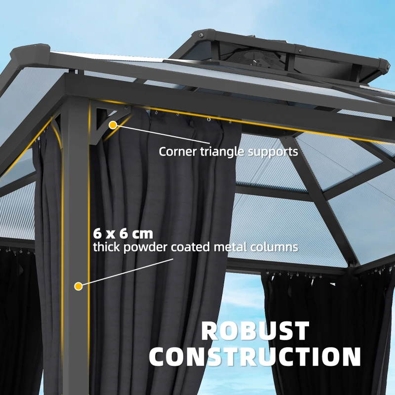 Outsunny 2.5 x 2.5 m Hardtop Gazebo Canopy with Double PC Roof, Drainage Gutters, Garden Gazebo Permanent Pavilion, Dark Grey