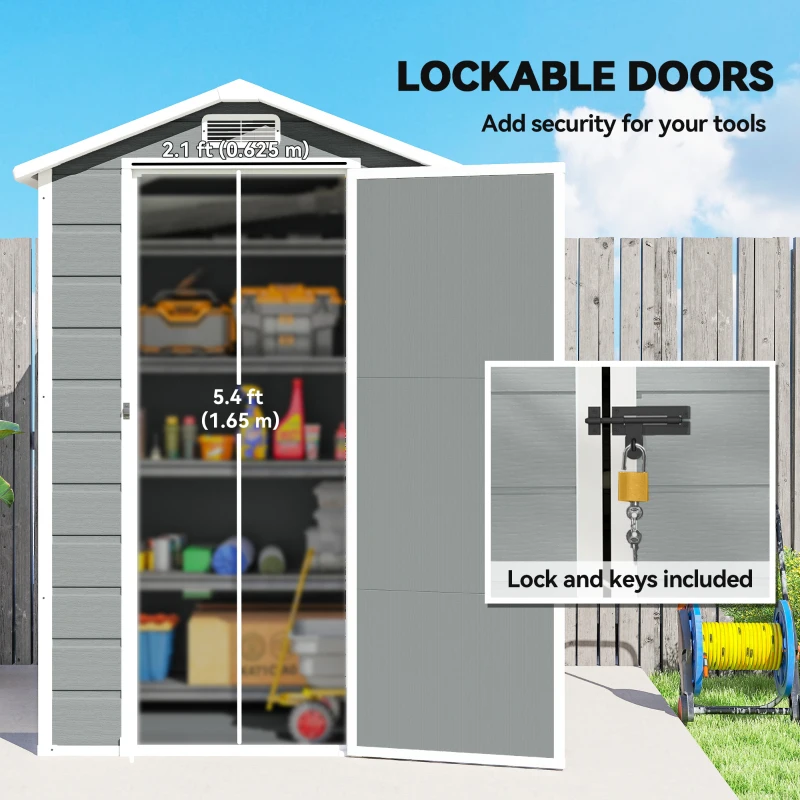 Outsunny 4 x 3 ft Plastic Garden Shed with Floor, Outdoor Storage Shed with Lockable Door, Window and Vent, Light Grey