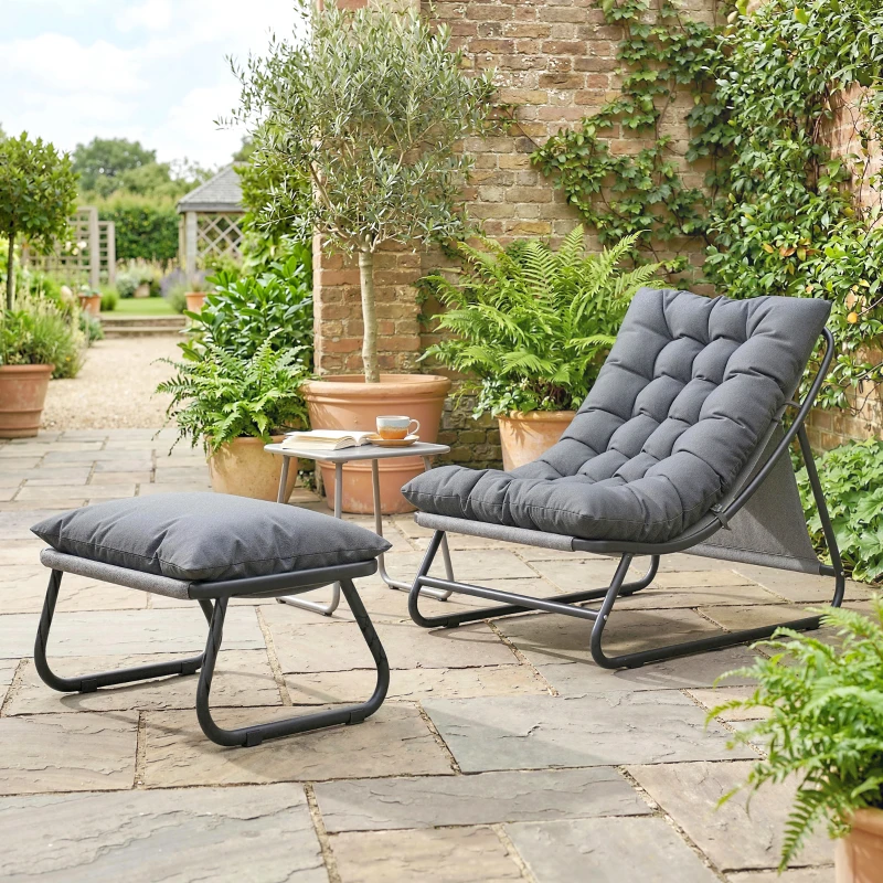 Outsunny Fauteuil de Jardin Relax avec Repose-pieds 2 Pièces avec Coussin Ultra Épais 13cm Tissu Cationique Gris