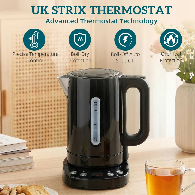 HOMCOM Electric Kettle, 1.7L, Fast Boil, 3kW Water Kettle with UK Strix Thermostat, Keep Warm Function, LCD Base, Black