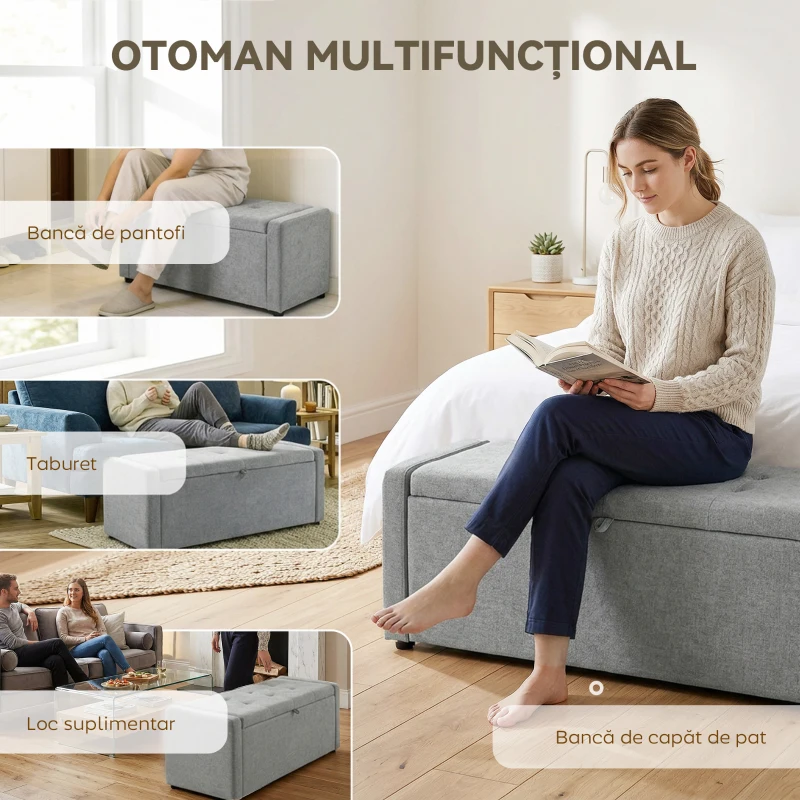 HOMCOM, Bancă cu Spațiu de Depozitare, Pentru Dormitor, Material textil cu efect de in, 122 x 48 x 44 cm, Gri Deschis