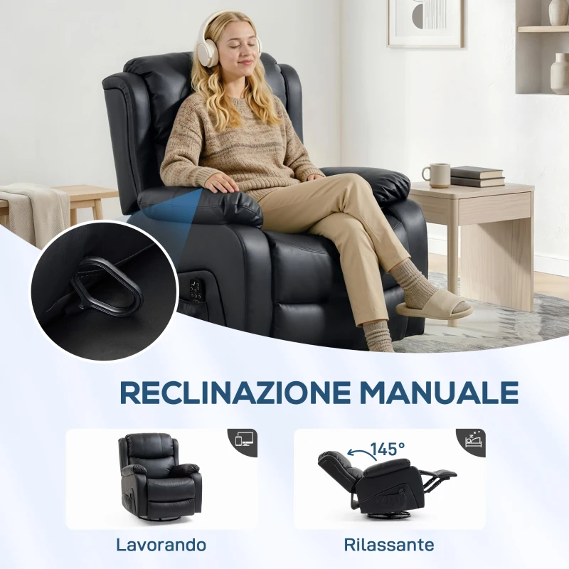 HOMCOM Poltrona Relax Reclinabile con 8 Punti Massaggianti, Riscaldanti e Poggiapiedi, 87x97X100 cm, Nero