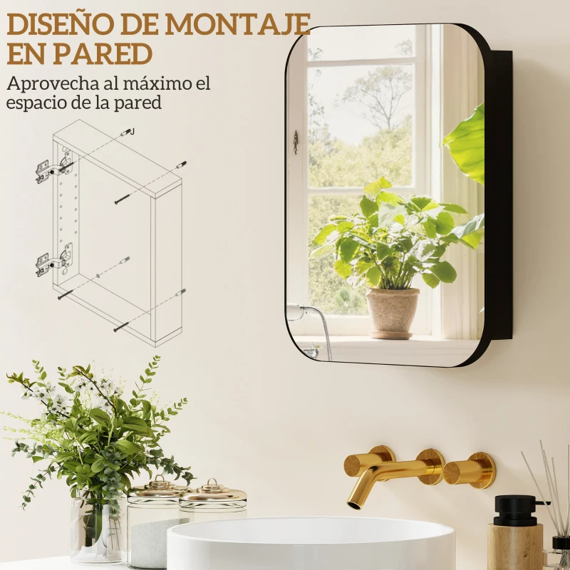 HOMCOM Armario de Baño con Espejo Diseño con Bordes Curvados Estantes Ajustables 40,2x10,2x50,9 cm Negro