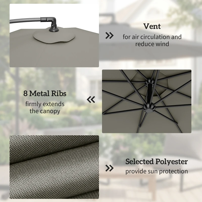 Outsunny 3m Overhanging Cantilever Parasol, with Cross Base - Light Grey
