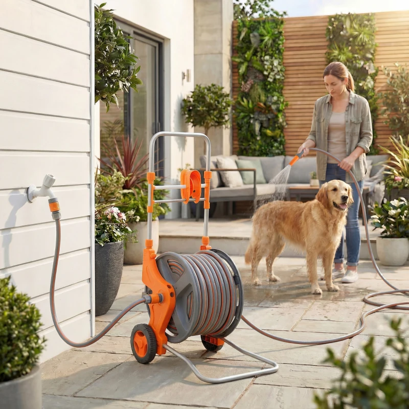 Outsunny Hose Reel Cart with Wheels, 45+2m Garden Hose Reel with 2 Patterns Nozzle, Faucet Adaptors and Rewind Handle, Orange