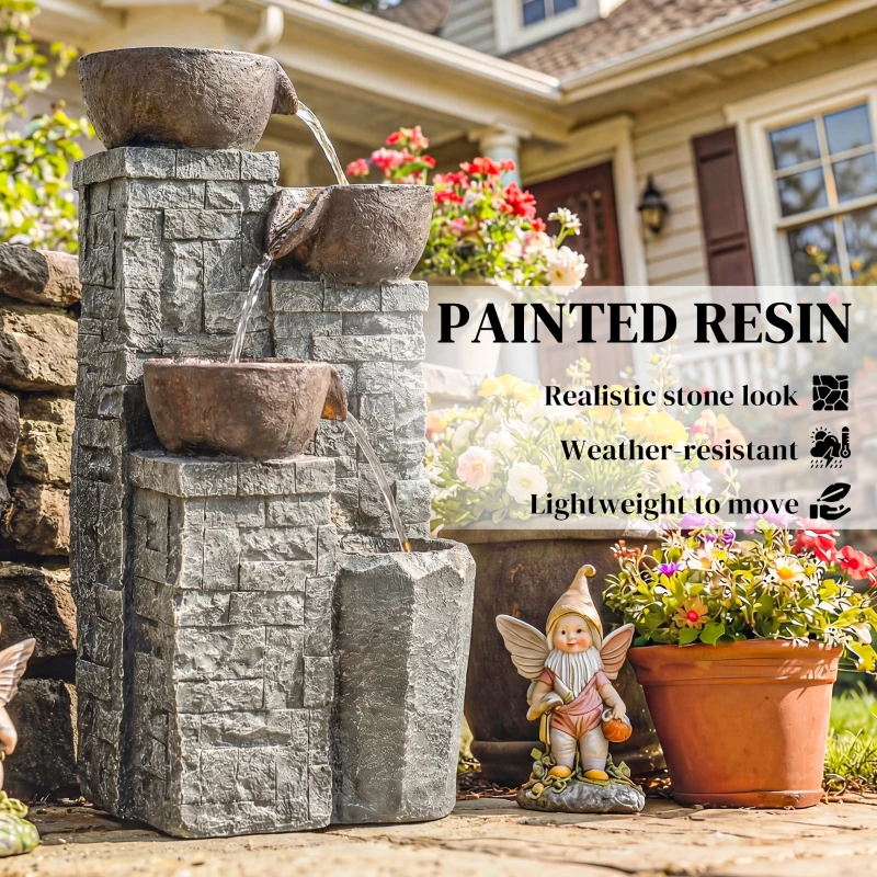 Outsunny 4-Tier Outdoor Fountain, Cascading Waterfall, Garden Fountain with LED Lights, Adjustable Flow, Grey and Rustic Brown