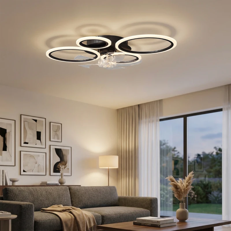 HOMCOM Ventilateur de plafond avec lumière et télécommande, plafonnier ventilateur 77 cm avec 6 vitesses, noir