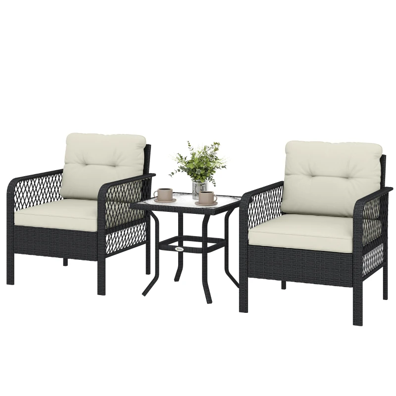 Outsunny 3 Pieces Rattan Bistro Set with Glass Top Coffee Table, Chairs and Cushions for Outdoor, Patio, Balcony, Cream