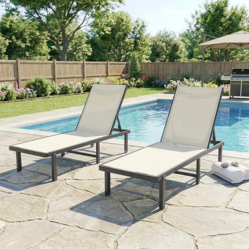 Outsunny Ensemble de 2 transats inclinables avec roues dossier réglable 4 niveaux structure en aluminium tissu textilène beige