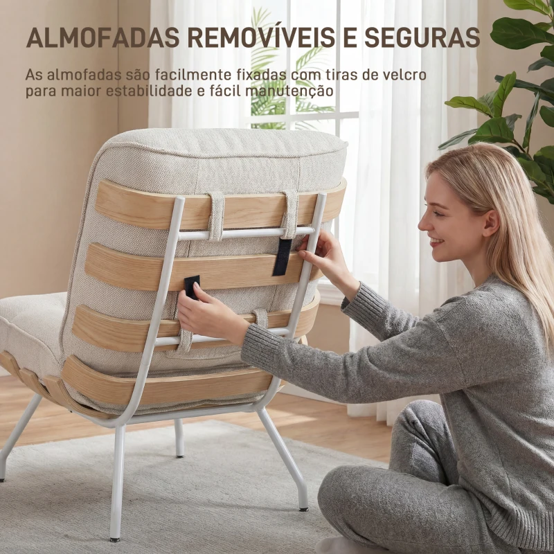 HOMCOM Poltrona de Sala Estofada em Linho com Assento Acolchoado Suporte com Estrutura de Aço 62,5x94x81 cm Creme