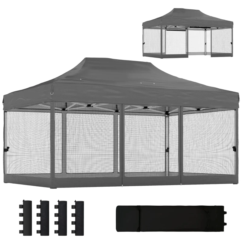 Outsunny 3 x 4.5 m Pop Up Gazebo with Mesh Nettings, UPF50+ Heavy Duty Outdoor Garden Party Tent Marquee, Dark Grey