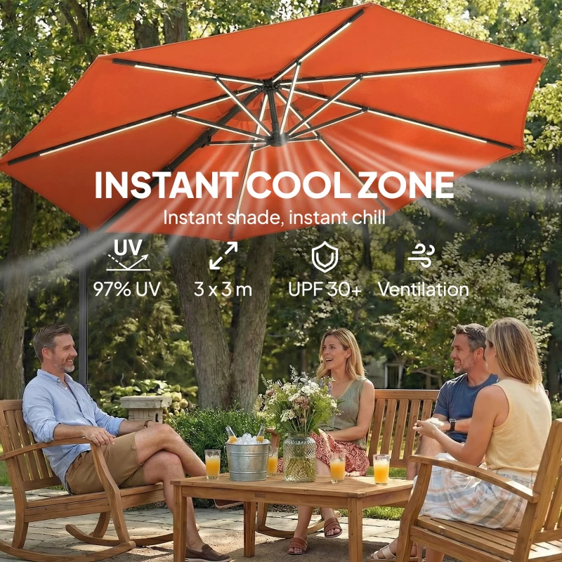 Outsunny 3 m Garden Cantilever Parasol with LED Solar Light, Round Overhanging Umbrella with 360° Rotation, Cover, Orange