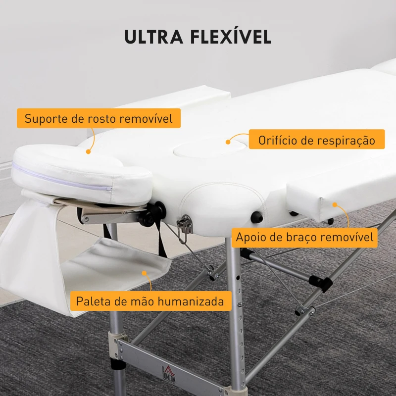 HOMCOM Marquesa de Massagem Dobrável e Portátil com Altura Ajustável e Apoio para a Cabeça 215x81x61-84 cm Branco