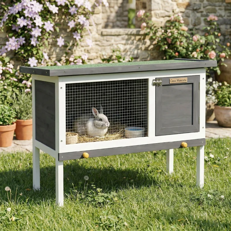 PawHut Conejera de Madera, Jaula para Conejos Medianos con Techo Asfáltico Abatible Bandeja Extraíble Puerta con Pestillo Gris