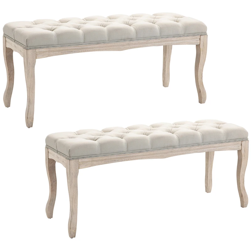 HOMCOM Lot de 2 banc Banquette capitonnée Style Classique 110 cm Bout de lit Rembourrée en lin piètement Bois hévéa sculpté