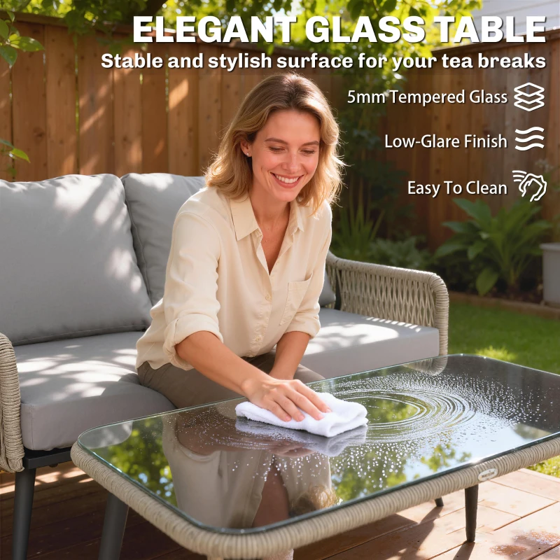 Outsunny Rattan Garden Furniture Set, 4 Piece Outdoor Patio Furniture with Tempered Glass Table and Chairs, Indoor Balcony Conservatory Set