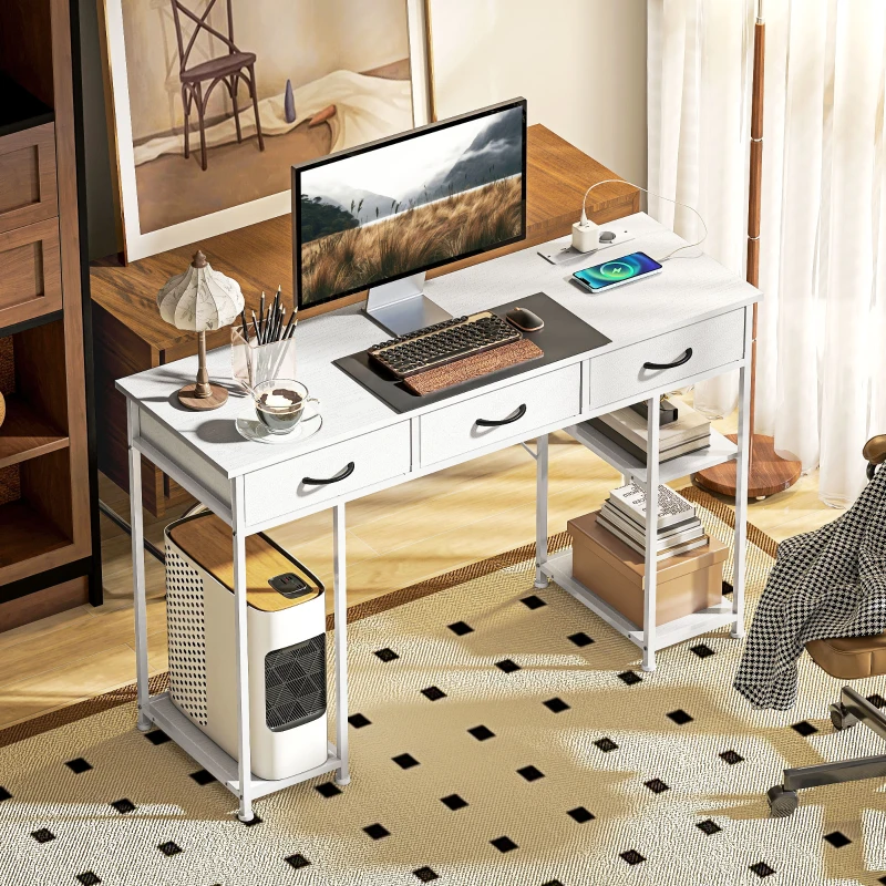 HOMCOM Bureau avec rangement avec prises de courant, 3 tiroirs en tissu et 4 étagères de rangement, 120 x 40 x 76 cm, blanc