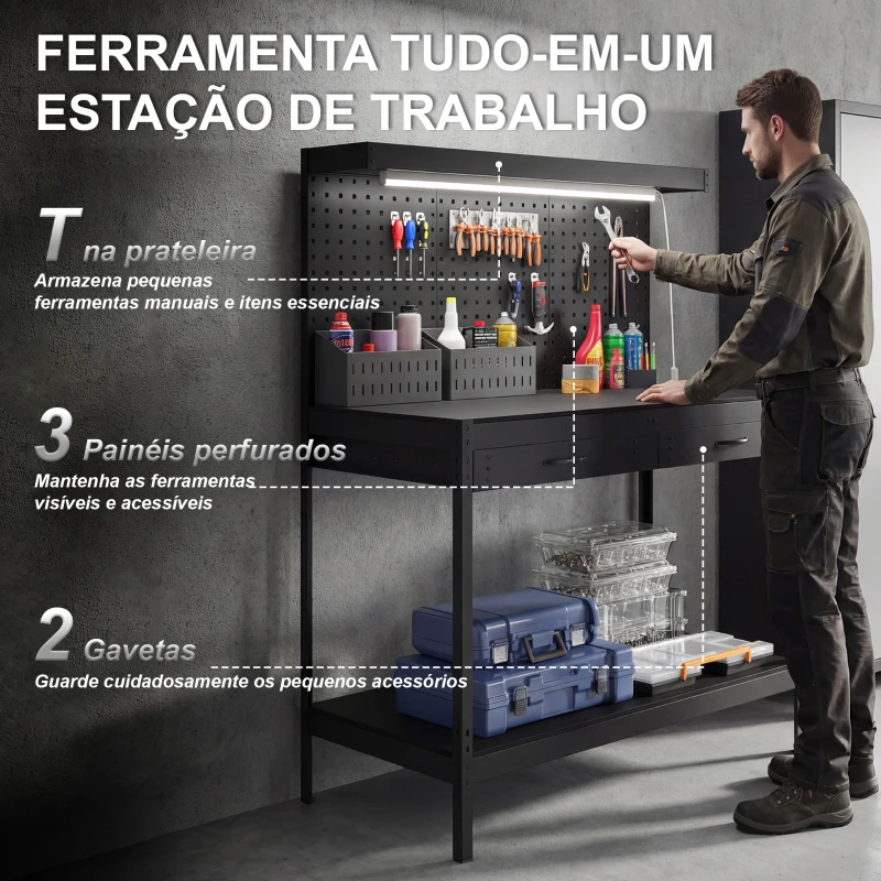 HOMCOM Banco de Trabalho Suporta 272 kg 110x60x150 cm com Painéis Perfurados Metálicos Tomadas Luzes LED Gavetas Preto