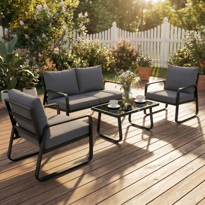 Outsunny Conjunto de Jardim 4 Peças com Almofadas Removíveis Muito Espessas 10cm Mesa de Centro em Vidro Temperado Preto