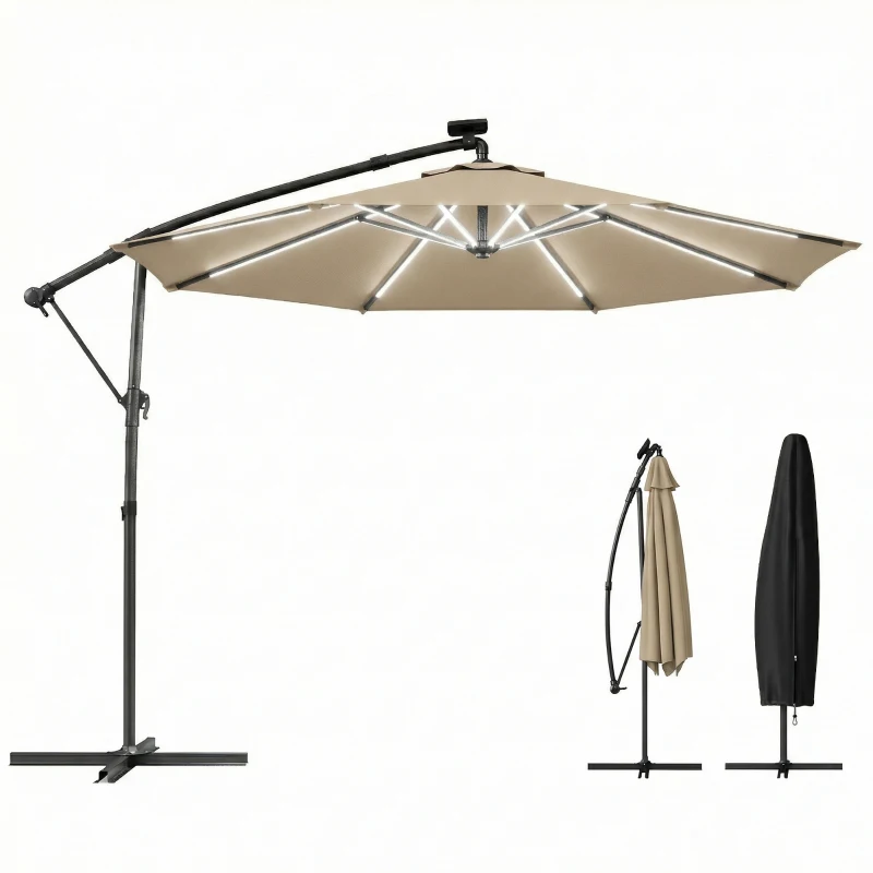 Outsunny 3 m Garden Cantilever Parasol with LED Solar Light, Round Overhanging Umbrella with 360° Rotation, Cover, Khaki