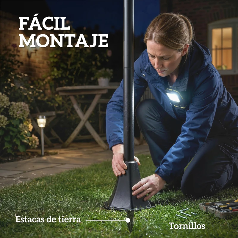 Outsunny Set de 2 Farolas Solares de Jardín con Altura Ajustable 2 Modos de Brillo IP44 Impermeable para Terraza Patio Negro