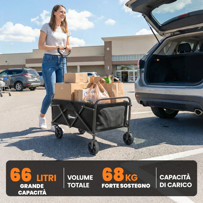 Outsunny Carrello da Giardino Pieghevole 66L con Manico Regolabile e Portabicchieri, Nero
