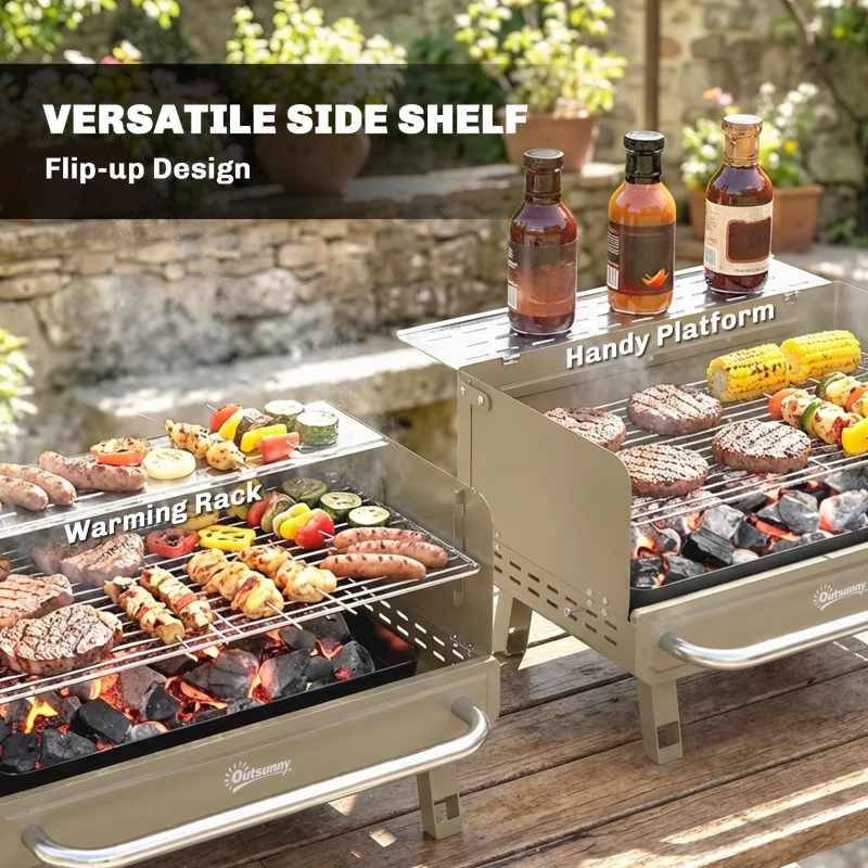 Outsunny Portable BBQ Grill, Charcoal Barbecue Grill with Adjustable Grates, Foldable Legs, Side Shelf for Camping Travel, Khaki