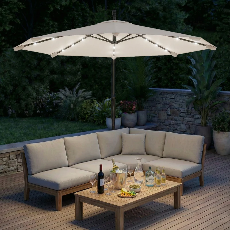 Outsunny 3 m Cantilever Parasol with Solar LED Lights Garden Umbrella with Cross Base, Cream White