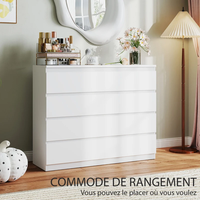 HOMCOM Commode 8 tiroirs meuble de rangement sans poignées design minimaliste 120 x 39 x 100 cm blanc