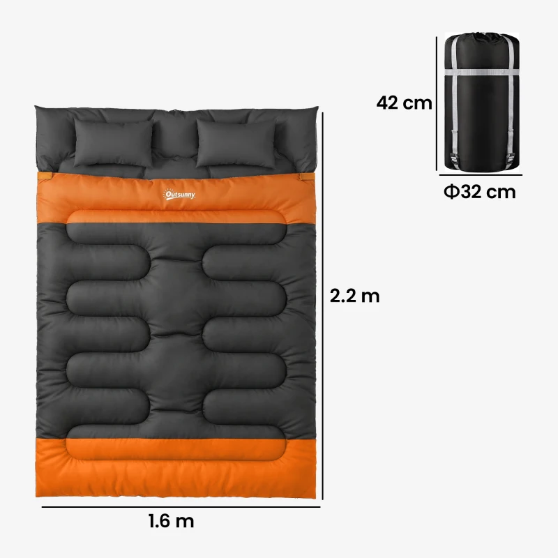Outsunny Double Sleeping Bag with 2 Pillows, 220 x 160 cm Extra-Large Sleeping Bag for Adults, Grey and Orange