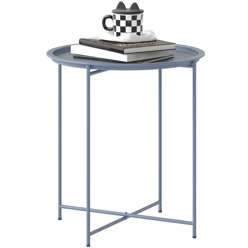Outsunny Mesa Baja Redonda Mesa Auxiliar Tablero Extraíble con Borde Elevado Patas Plegables en Metal Ø46x50cm Azul Grisáceo