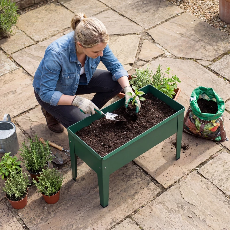 Outsunny Raised Planter, Metal Raised Garden Bed on Legs with Drainage Hole and Foot Covers, Green