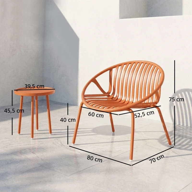 Outsunny Conjunto de Jardín Bistro 3 Piezas Mesa Baja con Tablero Cóncavo Acero y Polipropileno 80x70x75cm Rojo Ladrillo