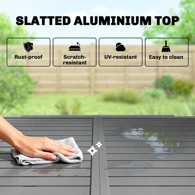 Outsunny Extending Garden Table for 4-8 People, Aluminium Outdoor Dining Table with Slatted Top, Dark Grey