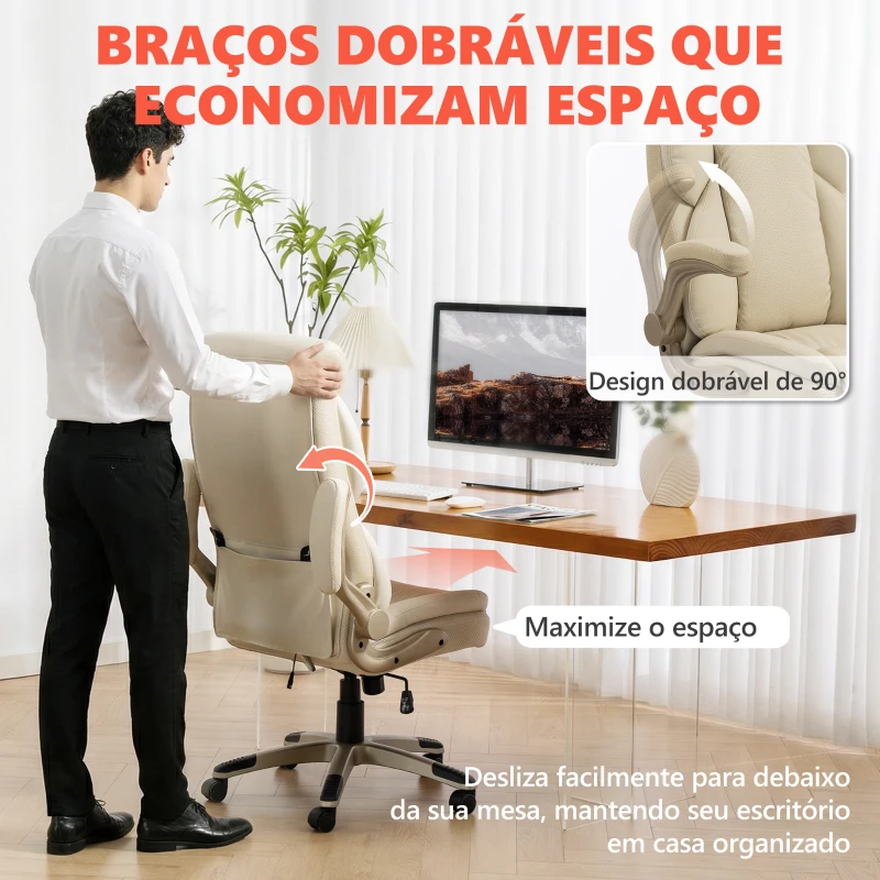 HOMCOM Cadeira de Escritório com Massagem Vibratória de 4 Pontos Aquecimento Lombar Apoios de Braços Rebatíveis Encosto Alto Altura Ajustável Creme
