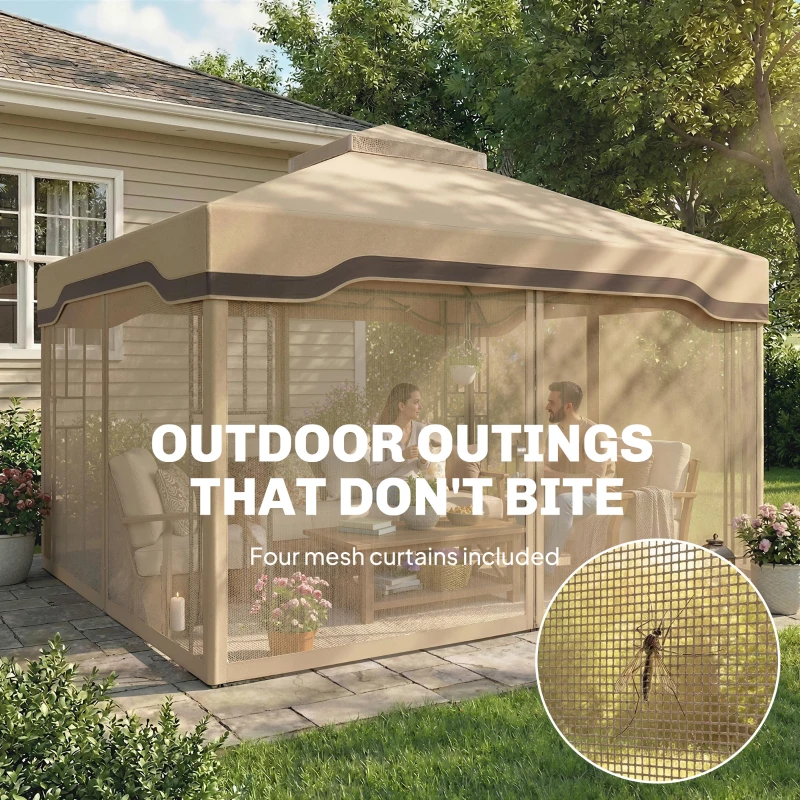 Outsunny 3 x 3.6 m Outdoor Garden Gazebo with Post Shelves, UPF50+ Patio Permanent Pavilion with Hook, Khaki