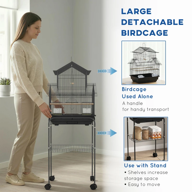 PawHut Cage à oiseaux design maison mangeoires perchoirs 3 portes plateau excrément amovible + poignée transport noir