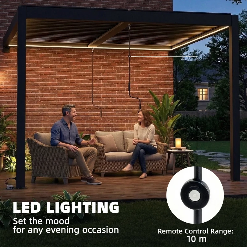 Outsunny 3 x 3 m Louvered Pergola with LED Lights, Metal Louvres, Wall Mounted Aluminium Patio Gazebo Pergola, Dark Grey