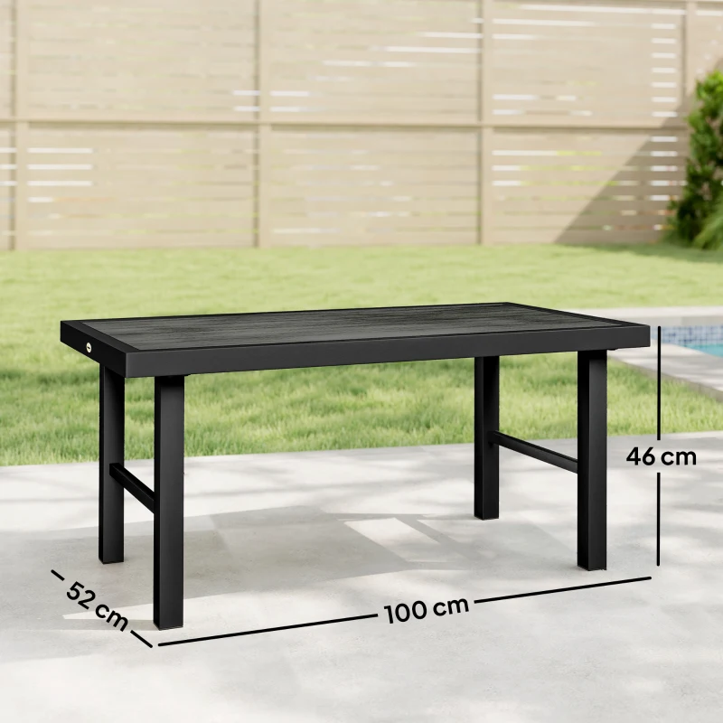 Outsunny Metal Garden Coffee Table, Outdoor Side Table with SPC Woodgrain Tabletop for Outside, 100 x 52 x 46cm, Dark Grey