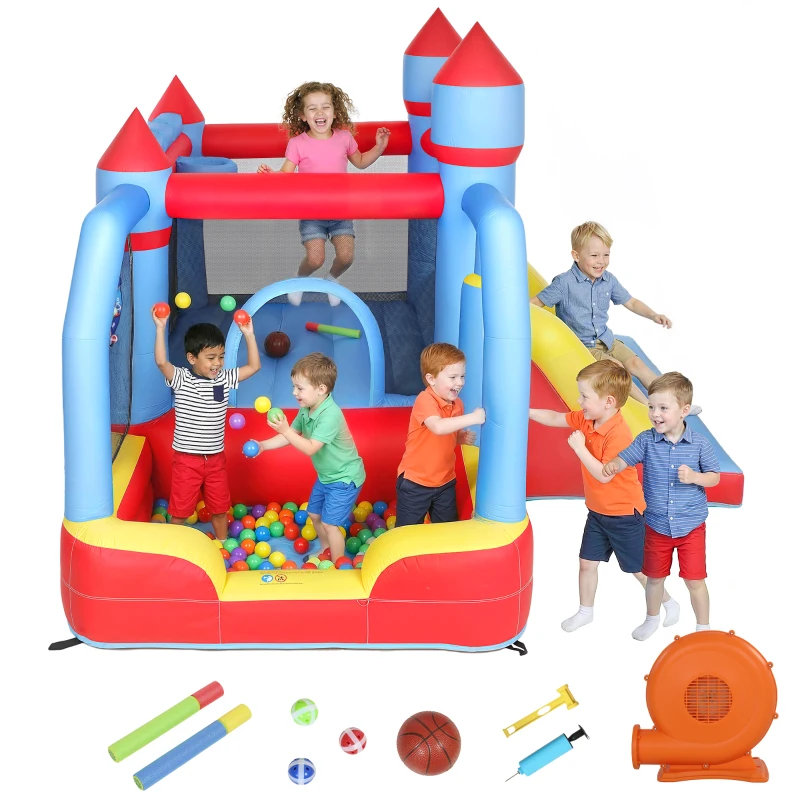 AIYAPLAY Castelo Insuflável para Crianças com Soprador Escorrega Trampolim Piscina Coluna de Boxe e Cesto de Basquetebol 277x270x215 cm