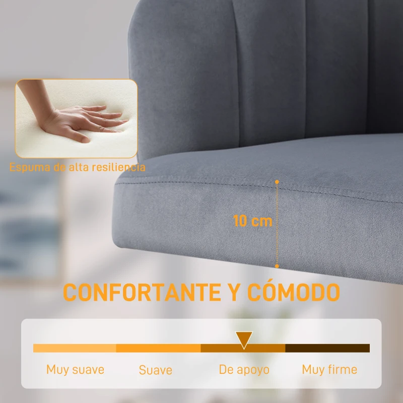 HOMCOM Silla de Oficina con Ruedas de Terciopelo con Respaldo Acolchado Altura Ajustable Espuma Alta Resiliencia Gris