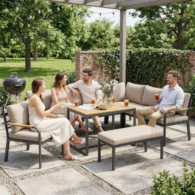 Outsunny Set mobilier grădină 7 piese Colțar modular exterior cu masă WPC și pouf bej și gri