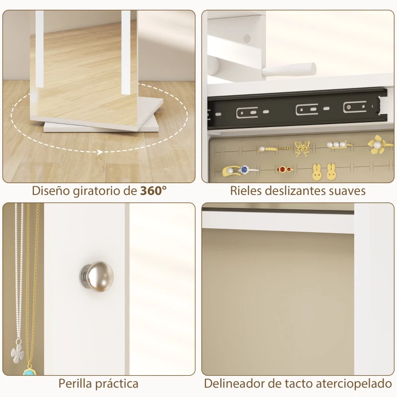 HOMCOM Espejo Joyero con Luces LED Espejo Entero Giratorio de 360° Estantes Abiertos Barras para Colgar Blanco