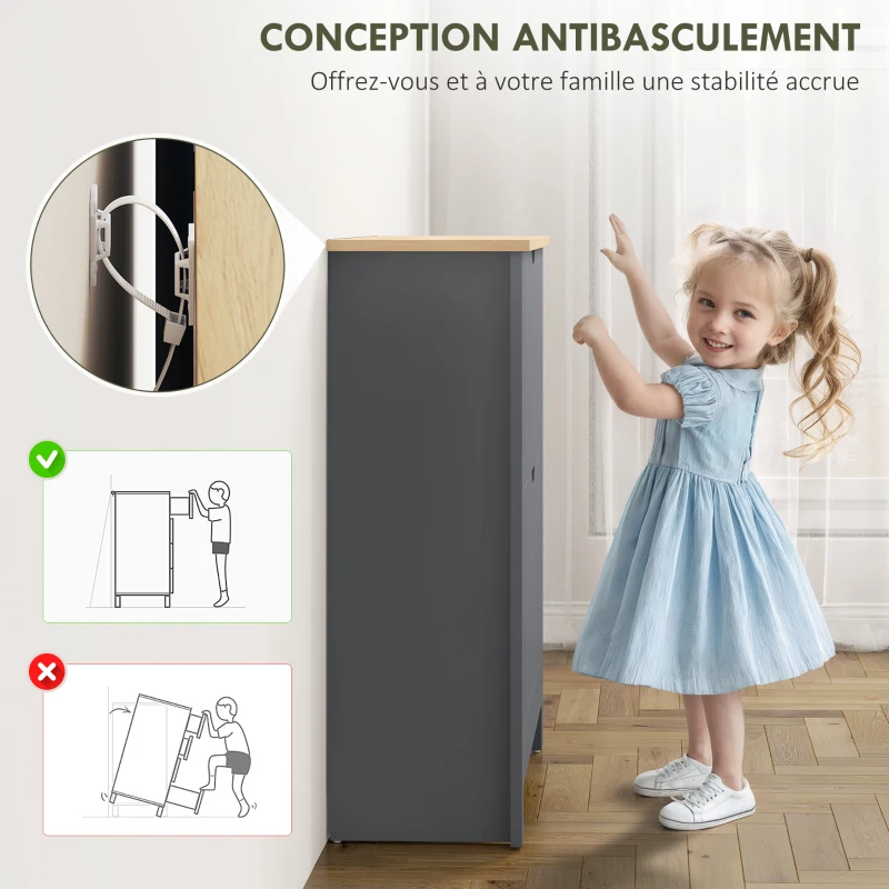 HOMCOM Meuble à chaussures 12 paires, armoire à chaussures étroite avec 2 tiroirs rabattables et étagères réglables, gris foncé