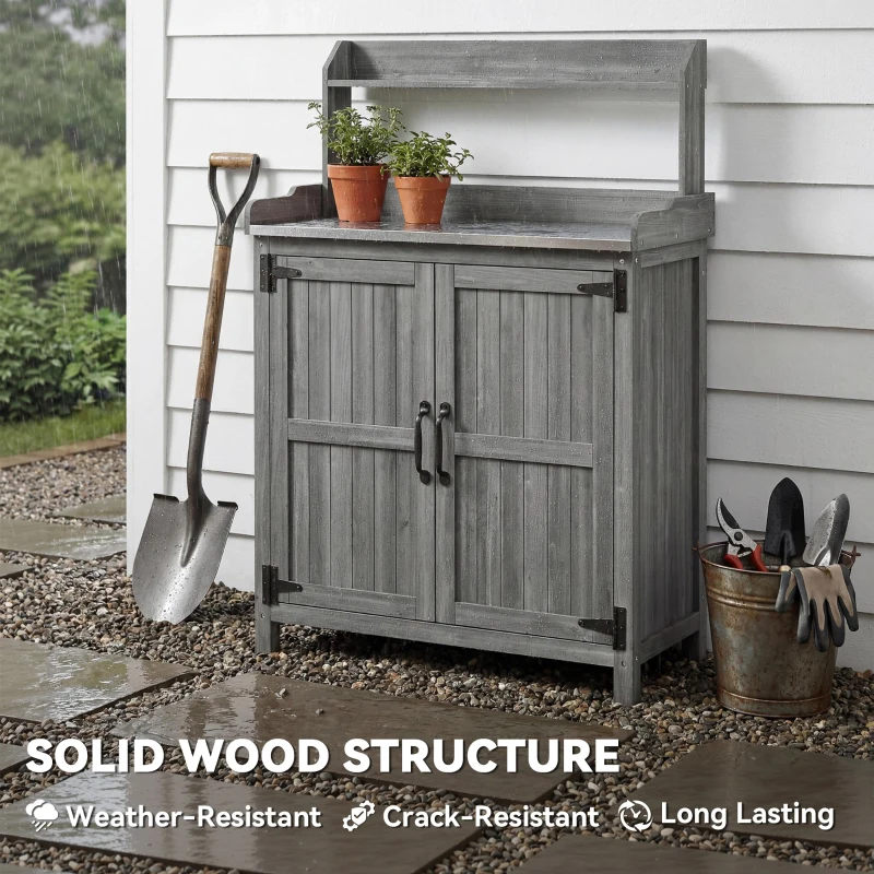 Outsunny Wooden Potting Bench Table with Aluminium Worktop, Outdoor Garden Workbench with Top Shelf and Cabinet Storage