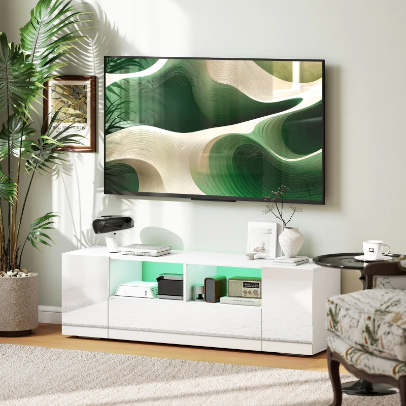 HOMCOM Meuble TV, banc TV, meuble de télévision, jusqu'à 60 pouces, avec lumières LED, 2 étagères et placards, panneau de porte brillant, 137 x 35 x 42 cm, blanc