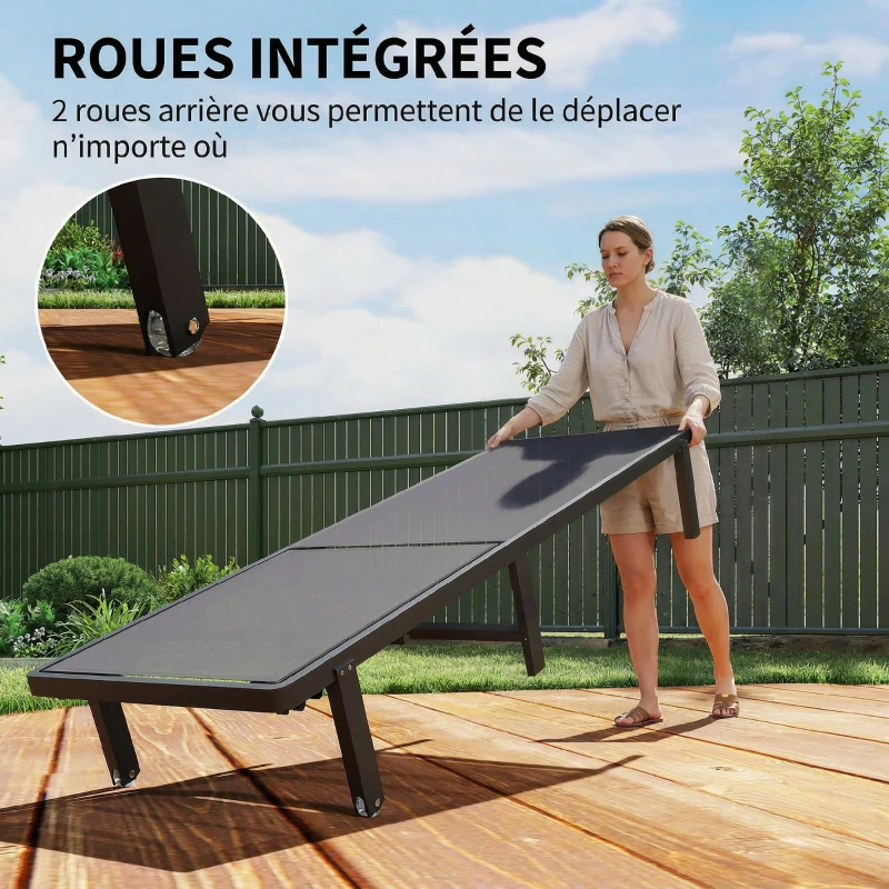 Outsunny Bain de Soleil Transat de Jardin avec Roulettes Inclinable à Plat 4 Positions et Textilène 530g/m² Gris Foncé