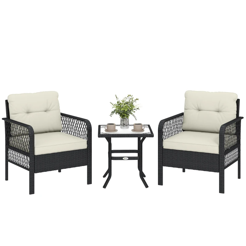 Outsunny 3 Pieces Rattan Bistro Set with Glass Top Coffee Table, Chairs and Cushions for Outdoor, Patio, Balcony, Cream