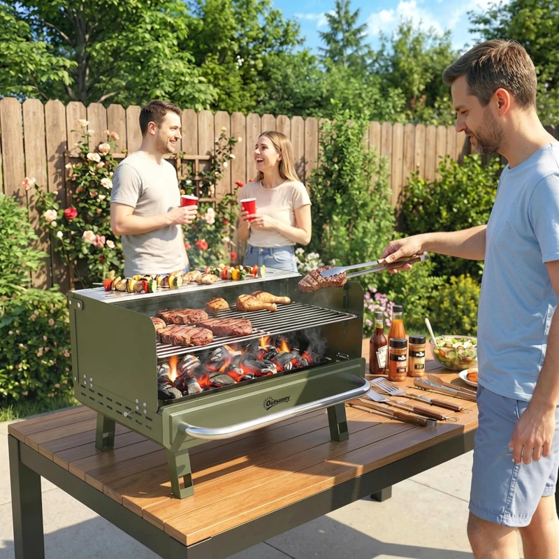 Outsunny Portable BBQ Grill, Charcoal Barbecue Grill with Adjustable Grates, Foldable Legs, Side Shelf for Camping Travel, Green