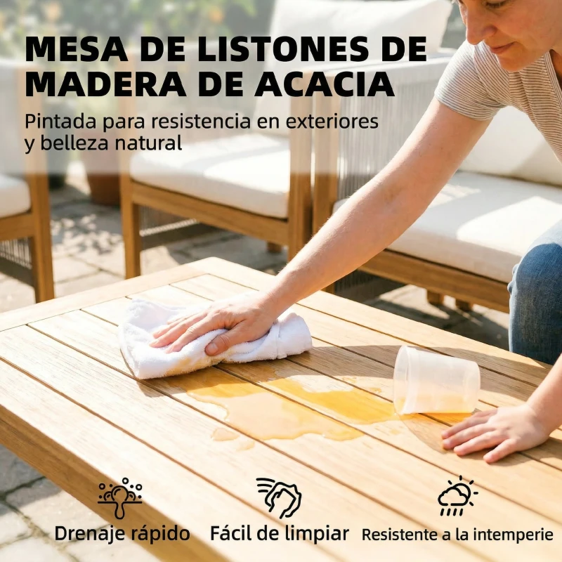 Outsunny Conjunto de Muebles de Jardín de 4 Piezas con Sofá 2 Plazas 2 Sillones Mesa de Madera Cojines y Cuerda PP Beige